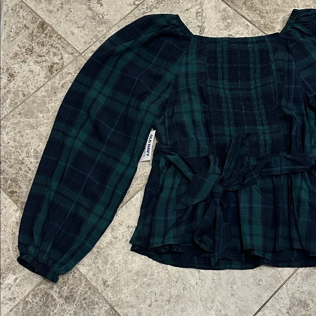 Old Navy Puff Sleeve Plaid Smocked Wrap Blouse NEW Tartan Plaid Size Small - Image 11