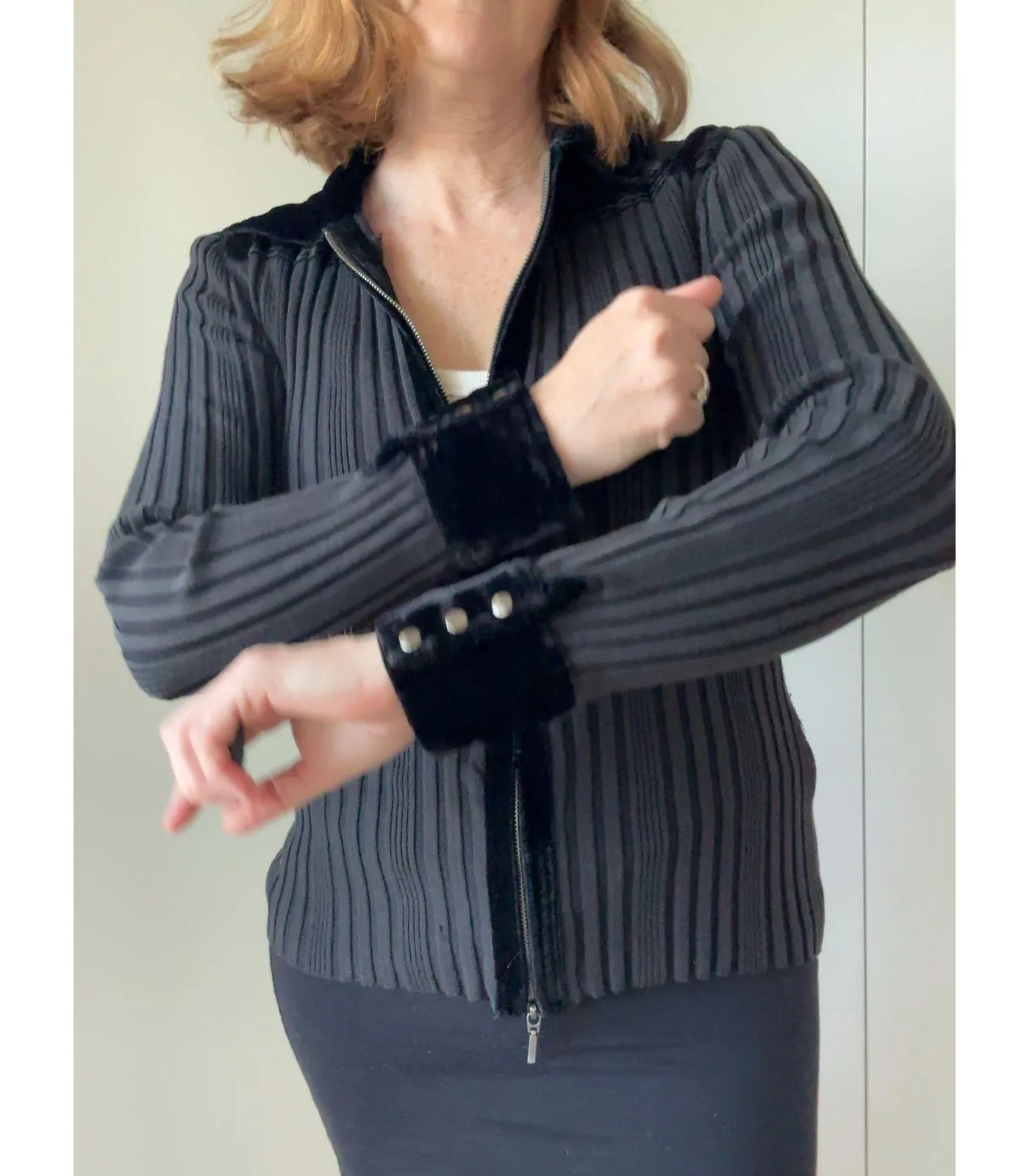 Y2K KNit Zipper Cardigan Velvet Collar Size large Dark Gothic Grunge Vampire Black - Image 6