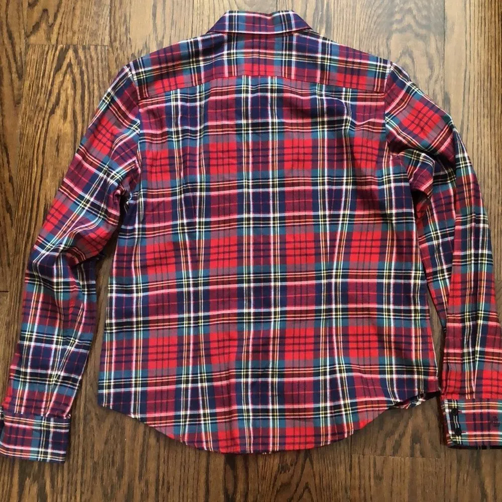 RALPH LAUREN Women’s Red Plaid Frill Button Down Blouse With Button Cuffs SZ P/M - Image 7