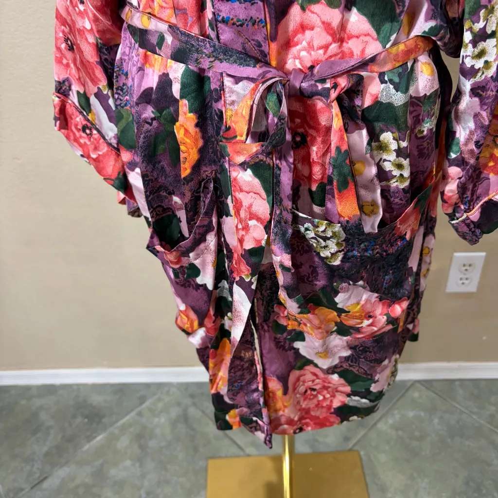 VTG Womens 100% Silk Floral Robe Sz L Brown Size L - Image 3