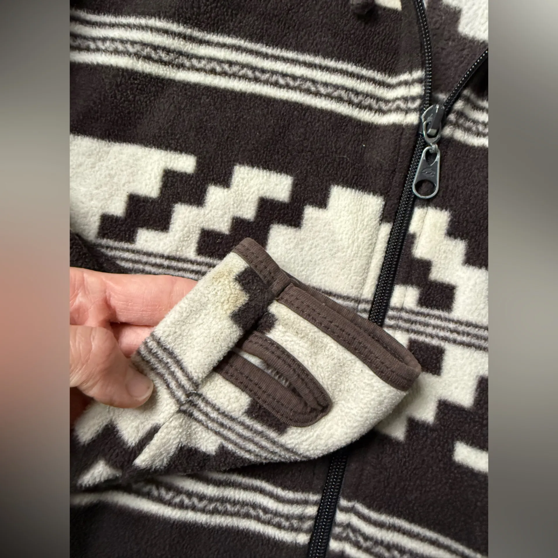 Billabong Fleece Zip Up Hoodie Sweatshirt Pattern Hippie Boho Brown Cream S M - Image 5