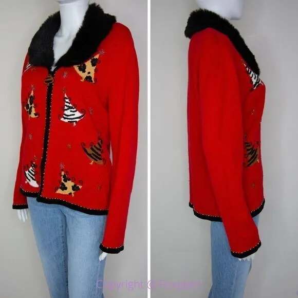 Vintage Berek Christmas cotton blend‎ Faux fur collar beaded red ugly sweater Red Size L - Image 3