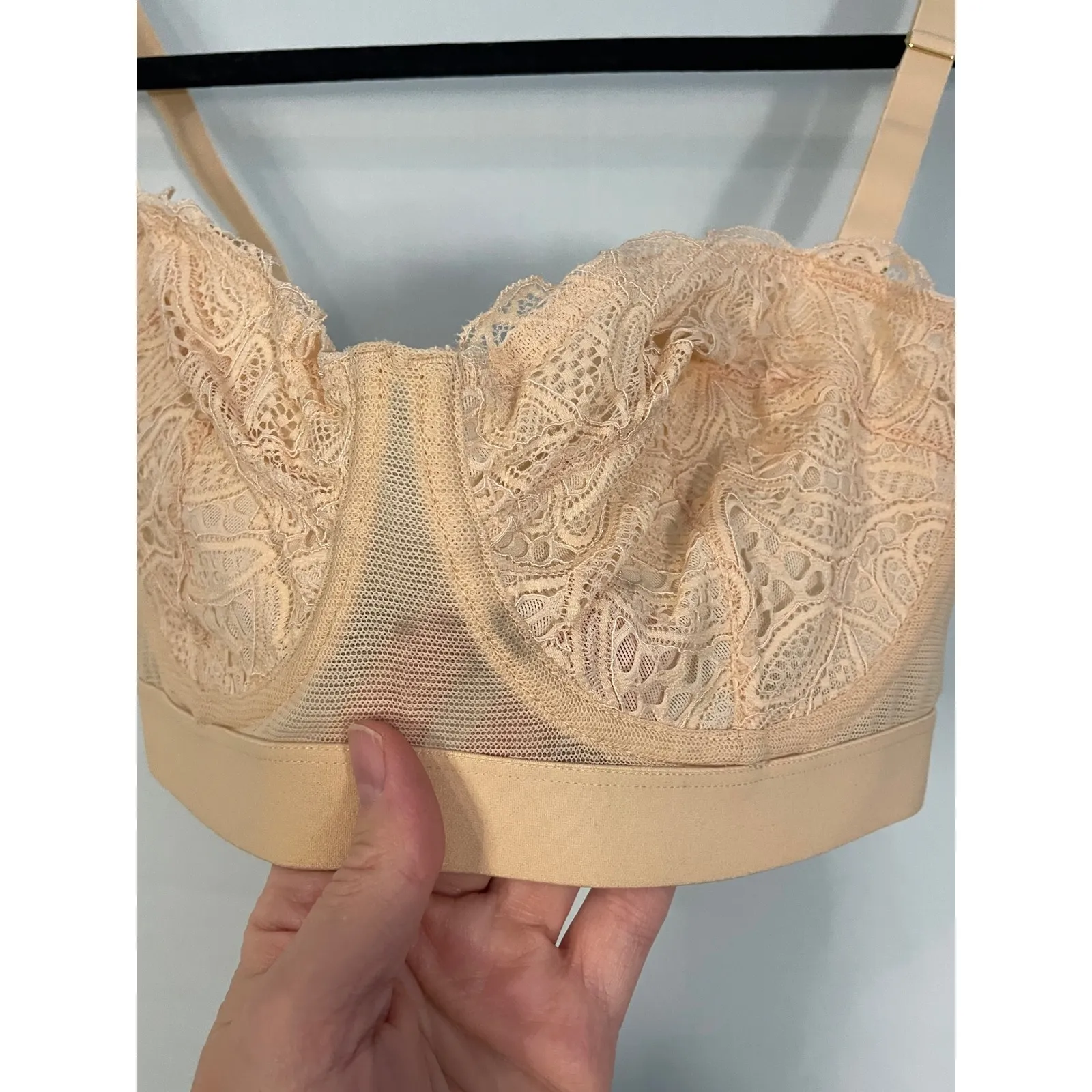Sheer Lace Longline Bralette Beige Unlined Underwire Cups Adjustable 32DDD Straps Tan Size undefined - Image 7