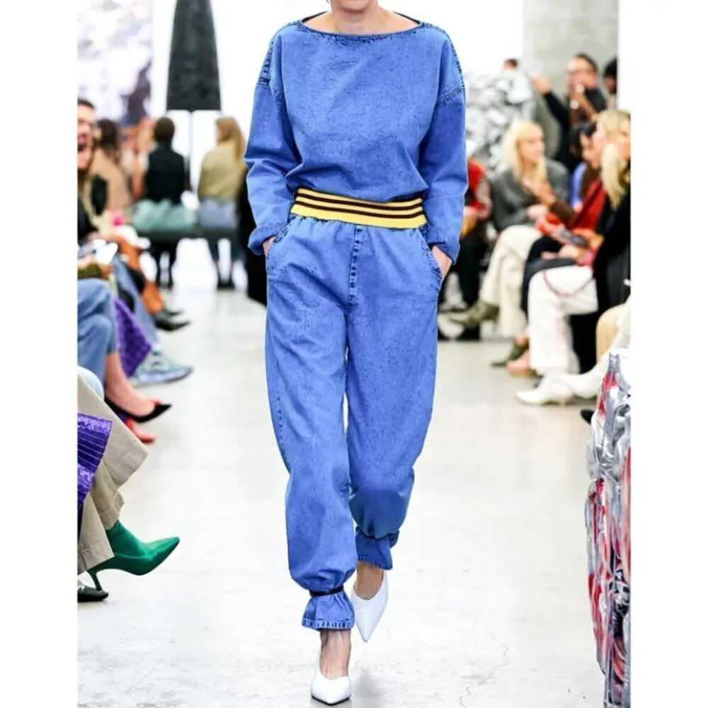 💕RACHEL COMEY💕 Doxa Pant Striped Elastic Waist Acid Wash Denim Navy Large NWT - Image 4