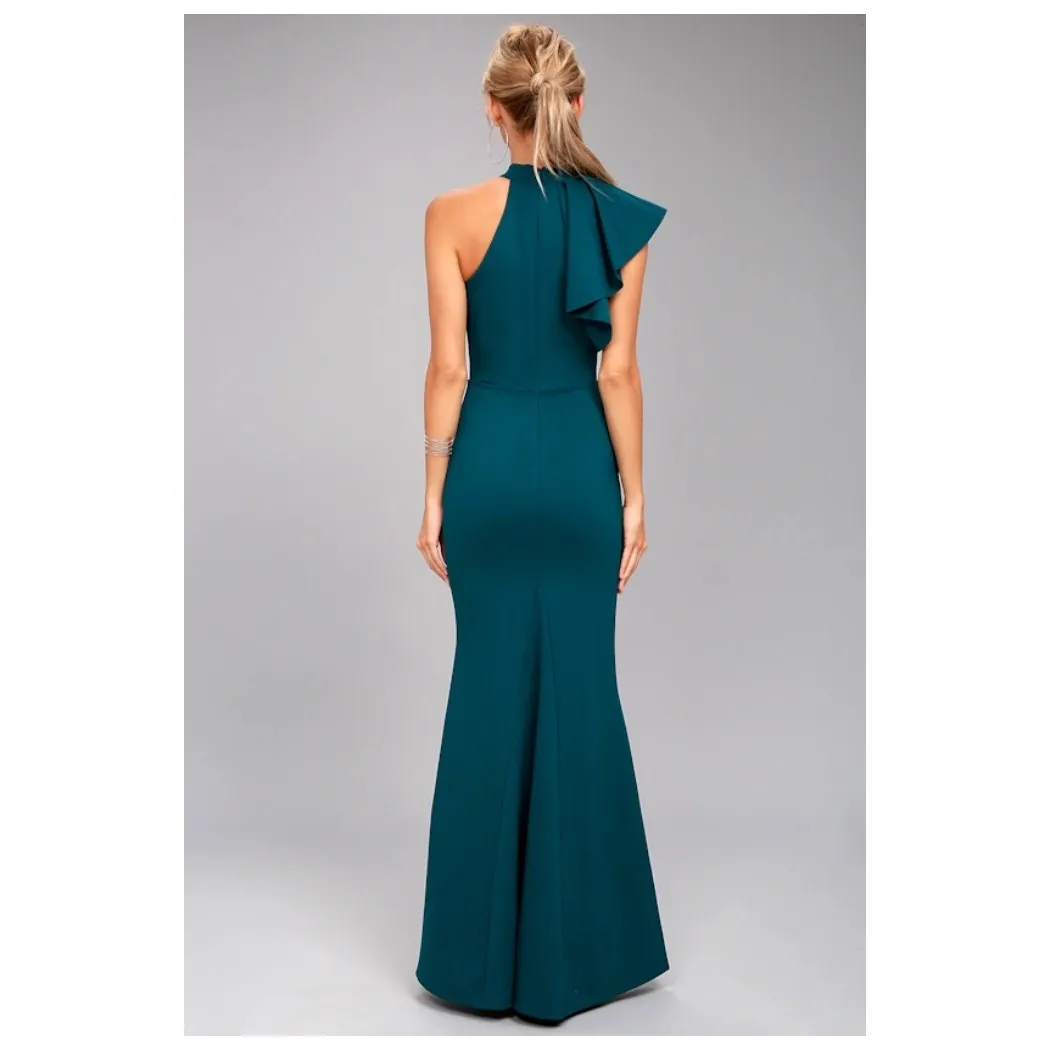 NWT Lulus Teal Margaux One-Shoulder Maxi Dress Wedding Formal Gala Banquet Sz M - Image 6
