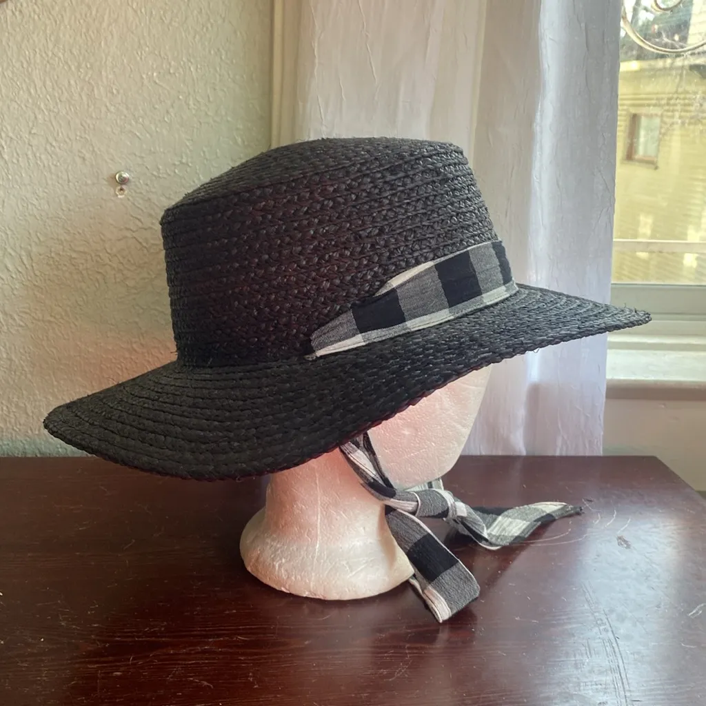 Madewell Stampede Strap Straw Boater Hat Size M-L Black Gingham Scarf Tie - Image 6