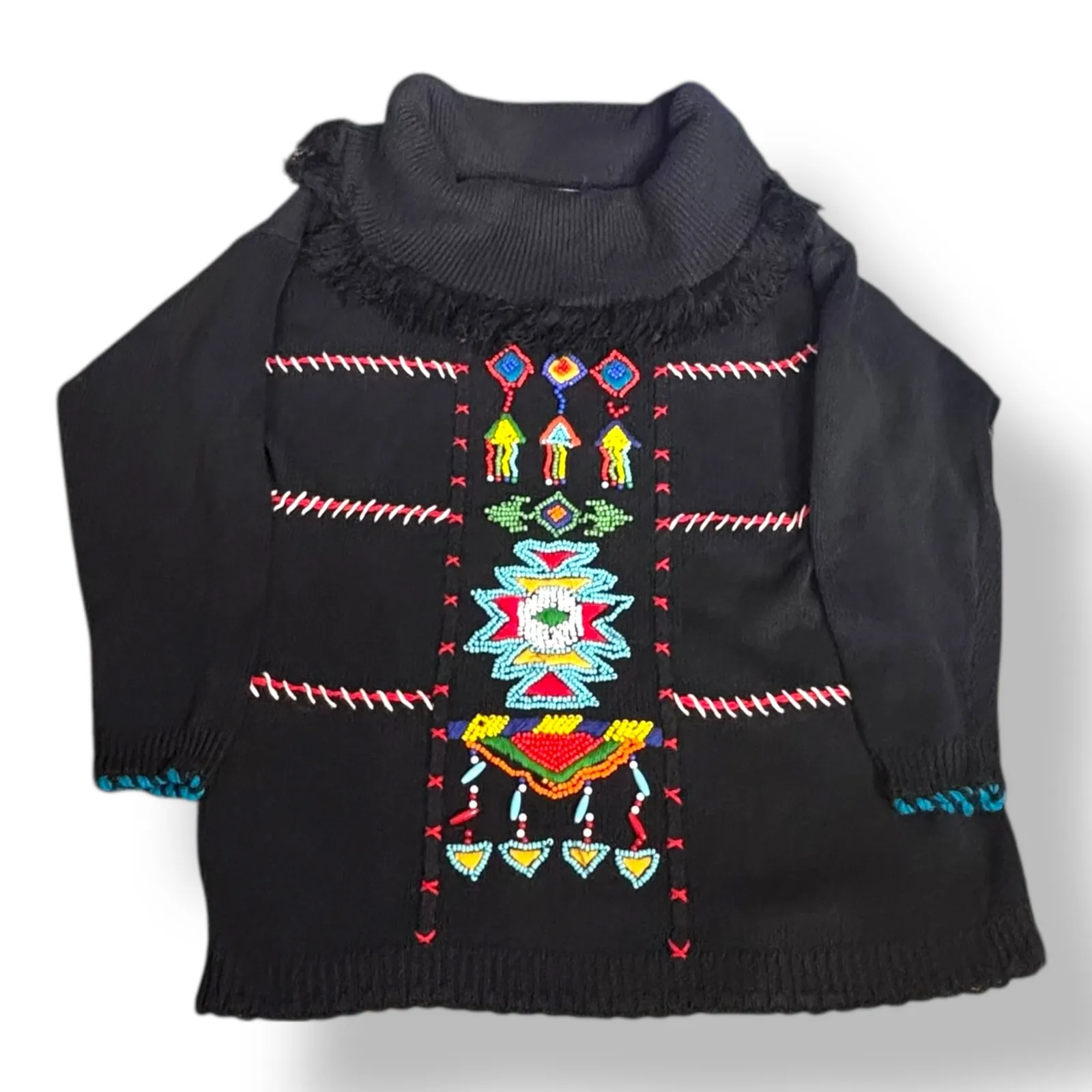 Vintage Victoria Jones Black Beaded Sweater Cowl Neck Fringe Boho Southwest Knit Size M - Image 10