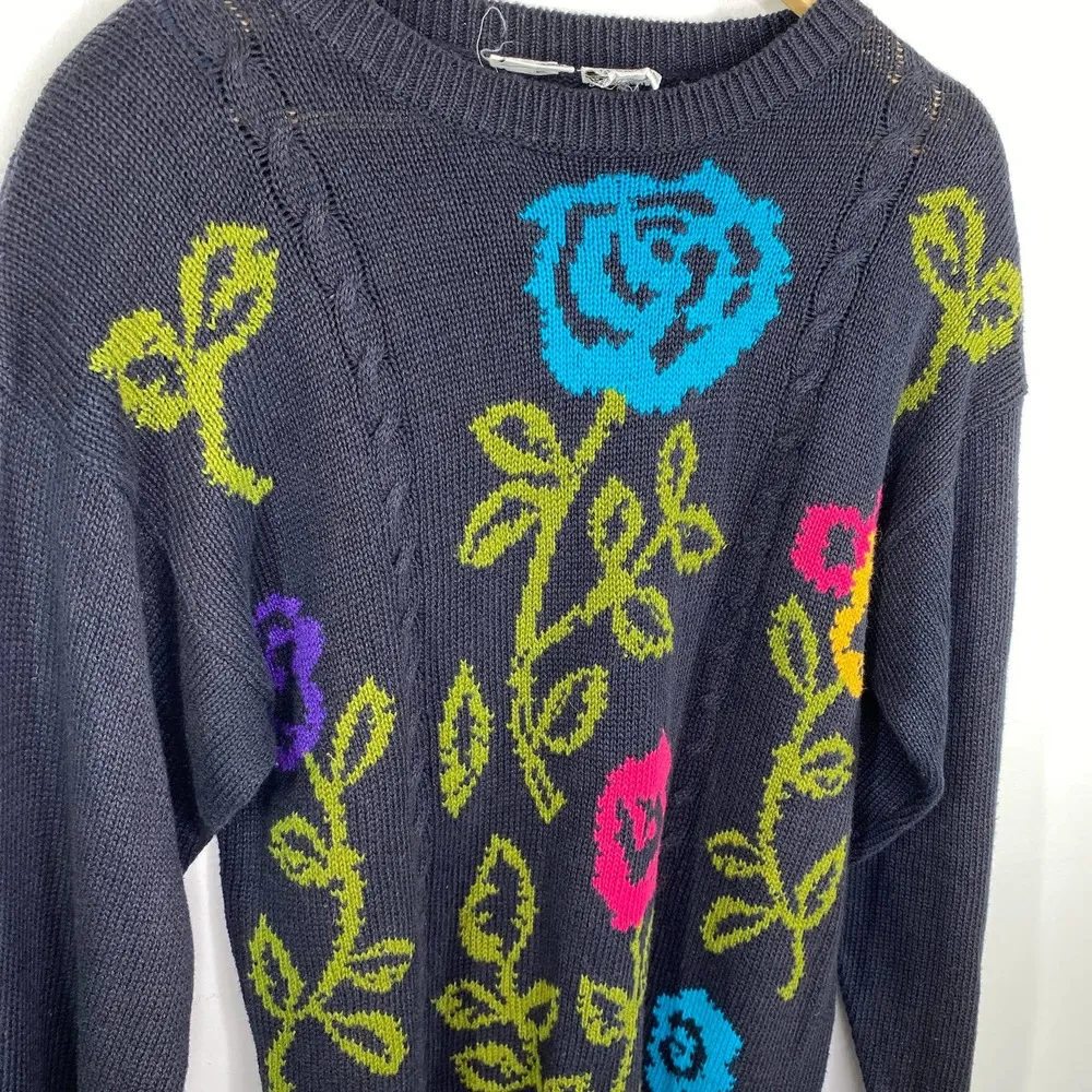 Catalina Vintage Navy Blue Floral Knit Crewneck Sweater Women's Size Large L - Image 5
