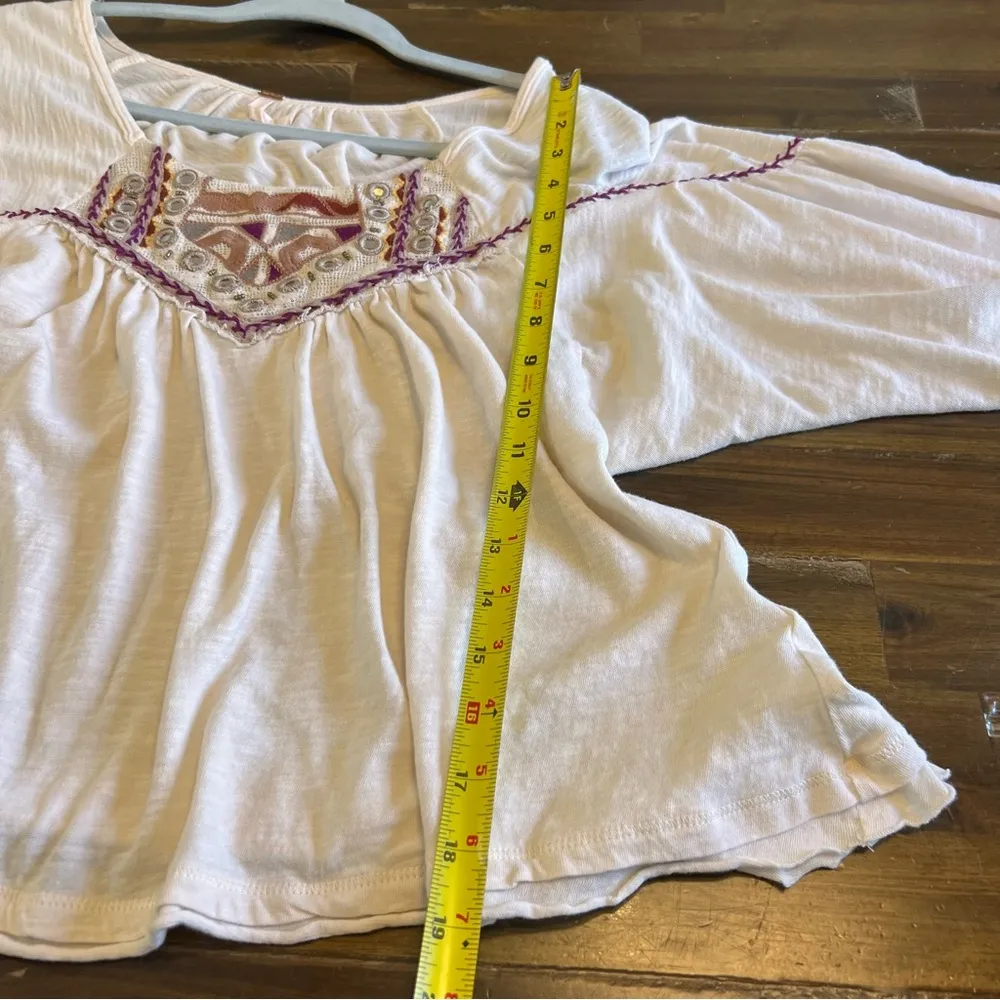 Free People Embellished Blouse Boho Top Distressed Oversized Cream Flowy S Layer - Image 8