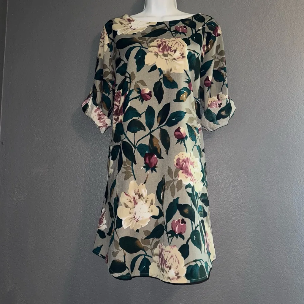 Women’s New Floral Boutique Shift Short Sleeve Beige Brown Sundress Dress Large Green - Image 2