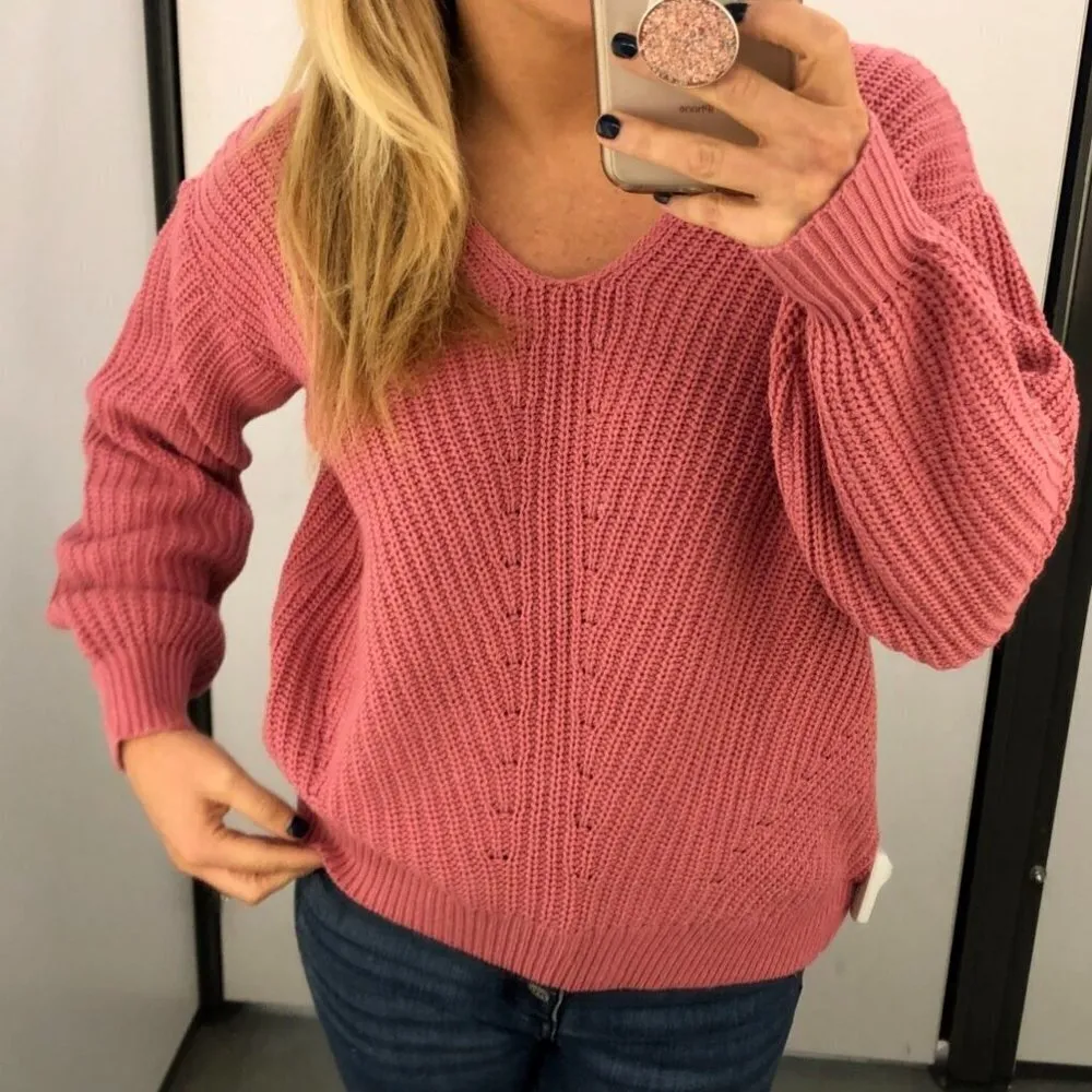 Old Navy V-Neck Sweater Shaker Stitch Pink - Image 14
