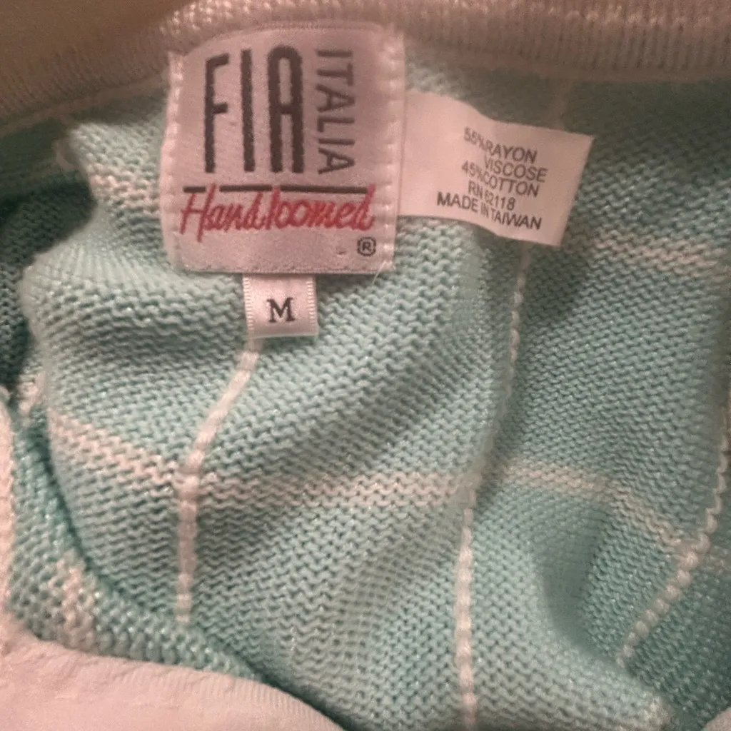 FIA Italia Aqua Check Zip Front Cardigan Shoulder Pads Vintage Boxy Sweater Size M - Image 2