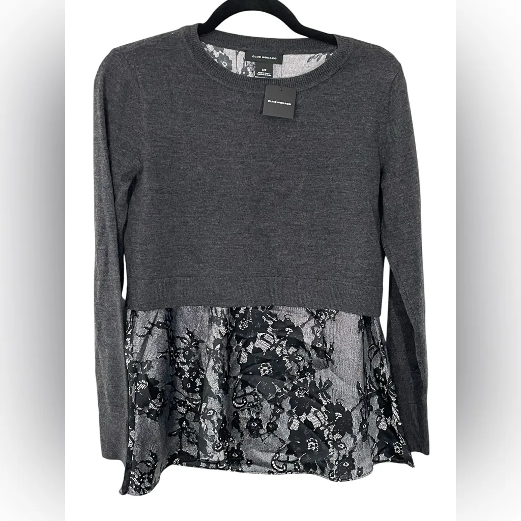 NWT Club Monaco Claribel Layered‎ Look Merino Wool Sweater Size SMALL Gray Black - Image 4