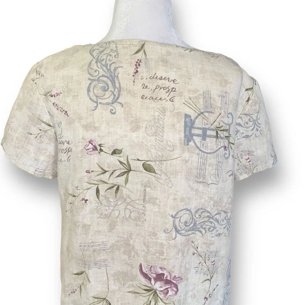 Vintage 90s Maxi Dress Cream Purple Floral Print Rosette Detail Linen Scoopneck Purple - Image 5