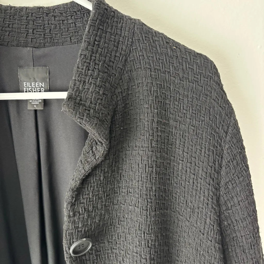 Eileen Fisher Black Waffle Knit Woven Button From Mid Length Pea Coat - Image 4