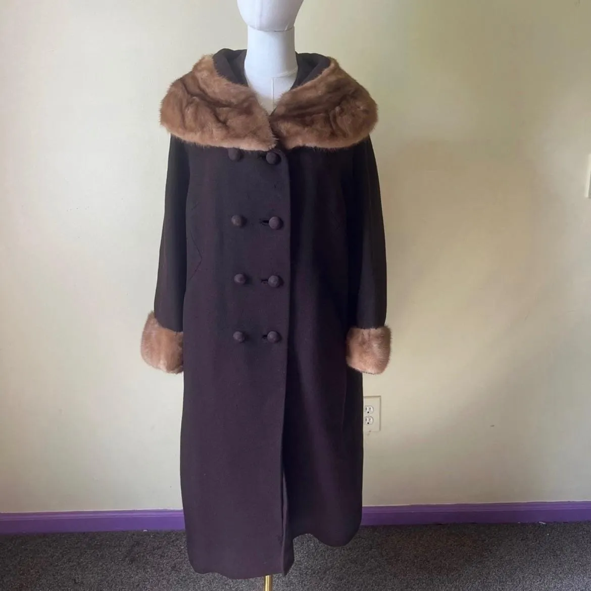 Vintage 1960s Richard H. Martin Brown Wool Coat‎ Mink Fur Collar & Cuffs L/XL - Image 11