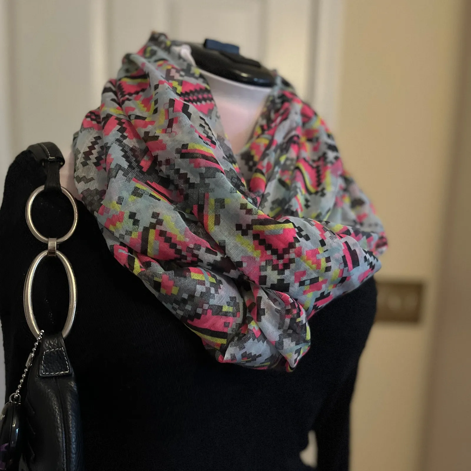 Gray + Pink + Yellow 80s Print Sheer Infinity Scarf | 2010s - Image 2