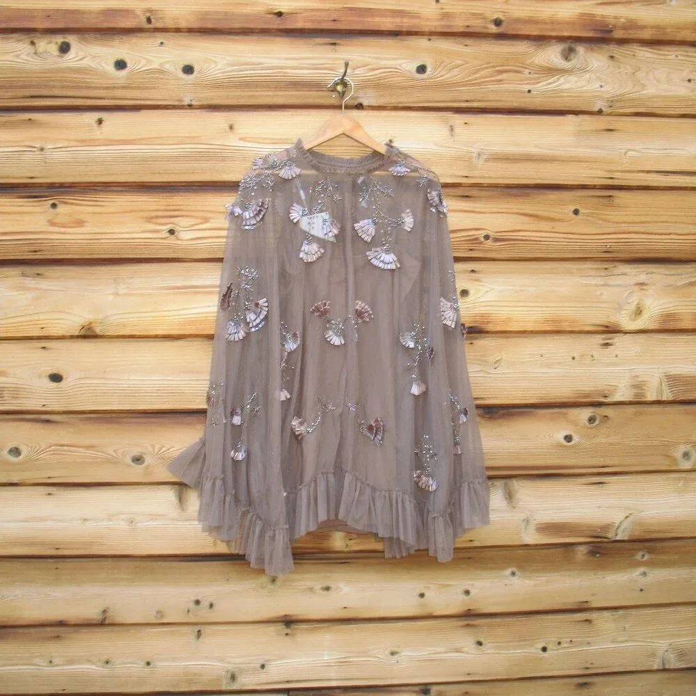 MAC DUGGAL 9257 Brown Embellished Long Flare Sleeve Mesh A-Line Dress - Image 6