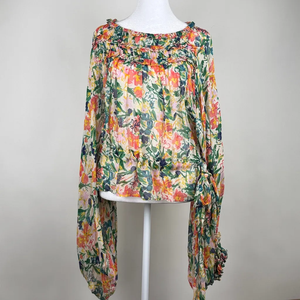 Ted Baker Kesara Floral Printed Ruffle Blouse Tie Waist Balloon Sleeves Size 6 - Image 3