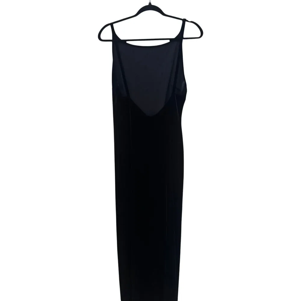 Vintage black velvet spaghetti straps side slit open back dress size 9 - Image 10