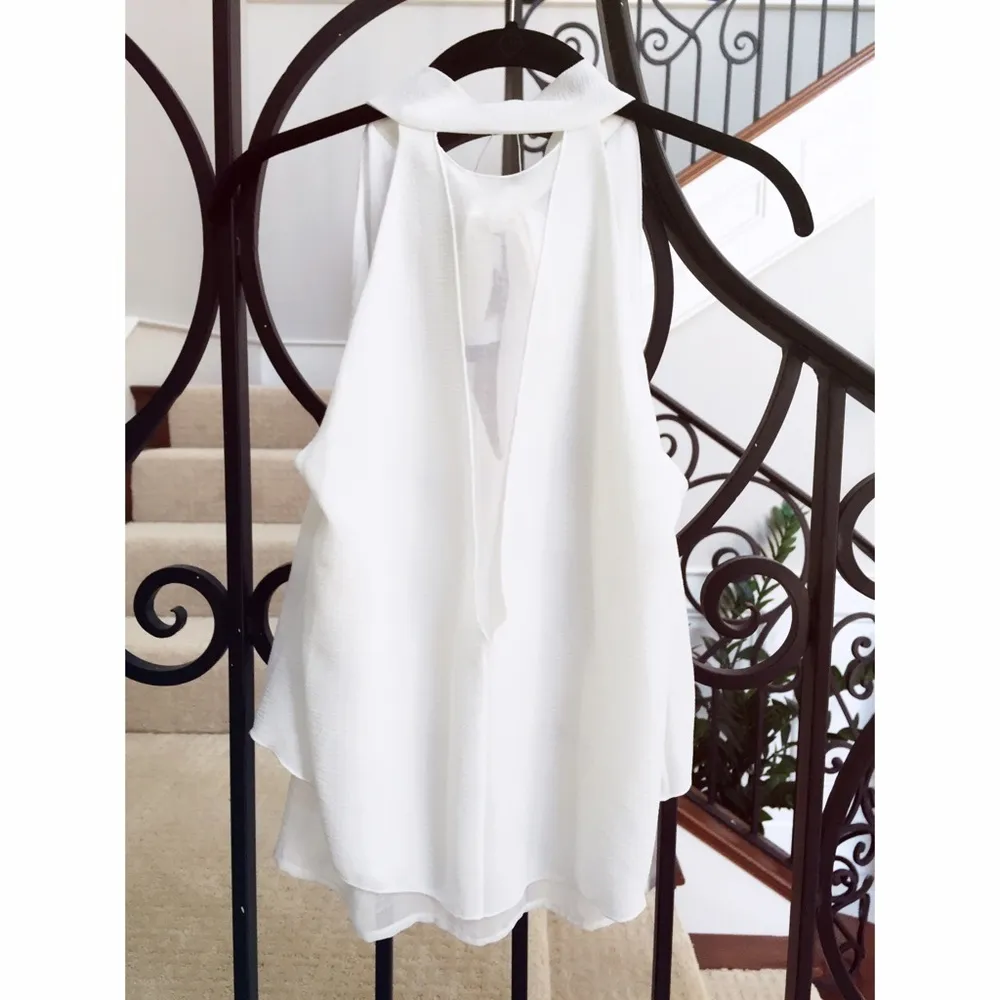 Zara Flowy Tank Top Blouse White Small Tie Neck Ribbon - Image 4