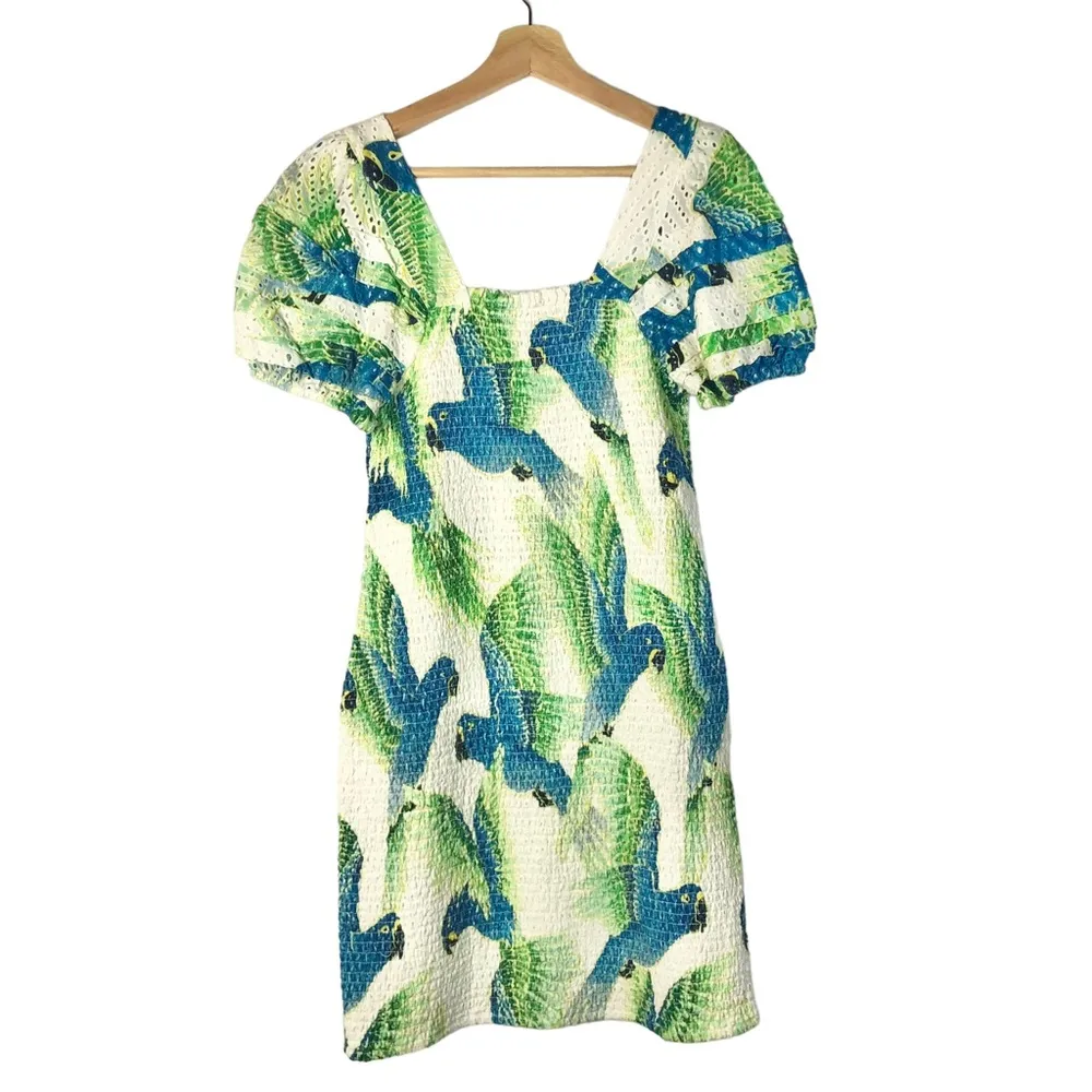 Farm Rio Araras Mini Dress White Blue Parrot Smocked Dress M - Image 58
