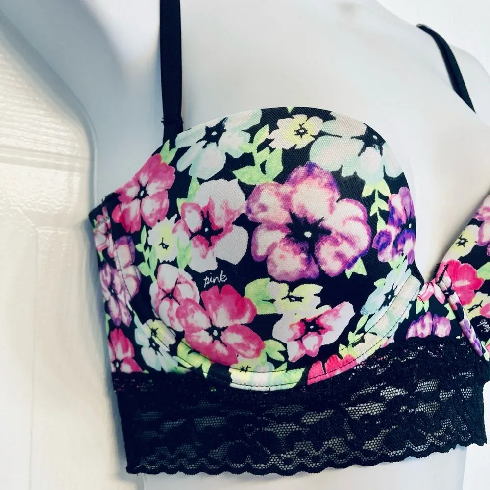 Victorias Secret PINK Floral Bustier Bra 34C Black‎ - Image 3