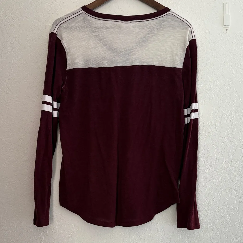 PINK Victoria’s Secret Burgundy White Long Sleeve V Neck Tee Women’s Size Medium - Image 5