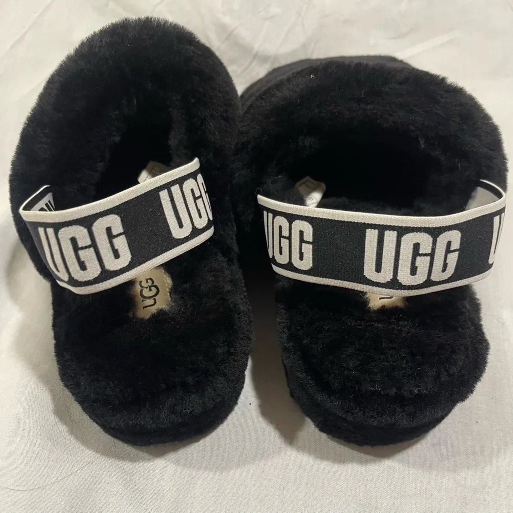 UGG Black Fluffy YEA  Slides SLINGBACK  with Logo Strap - Image 2