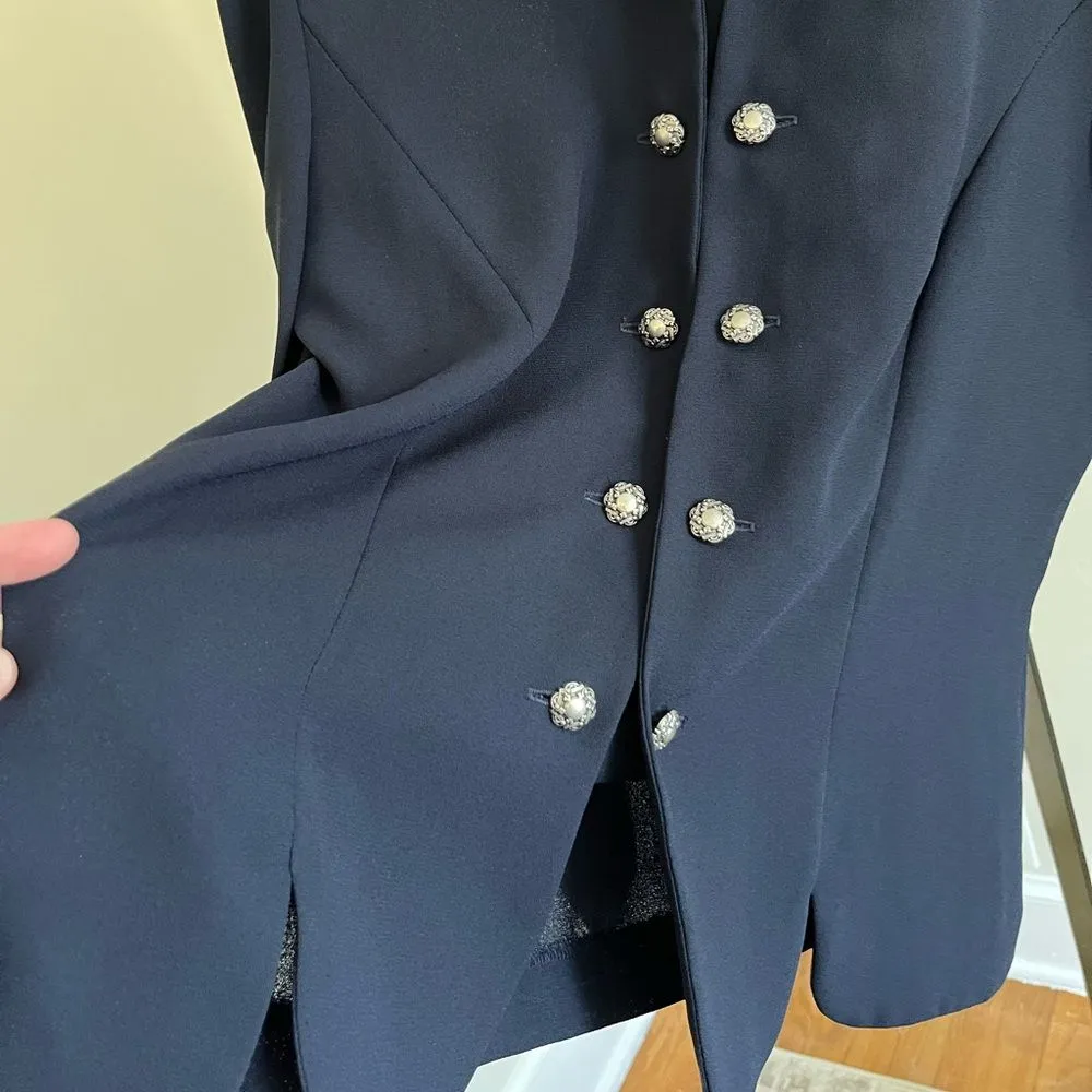 Vintage Leslie Fay Navy Blazer 12 Pearl Buttons Sheer 80s Power Jacket Blue - Image 5