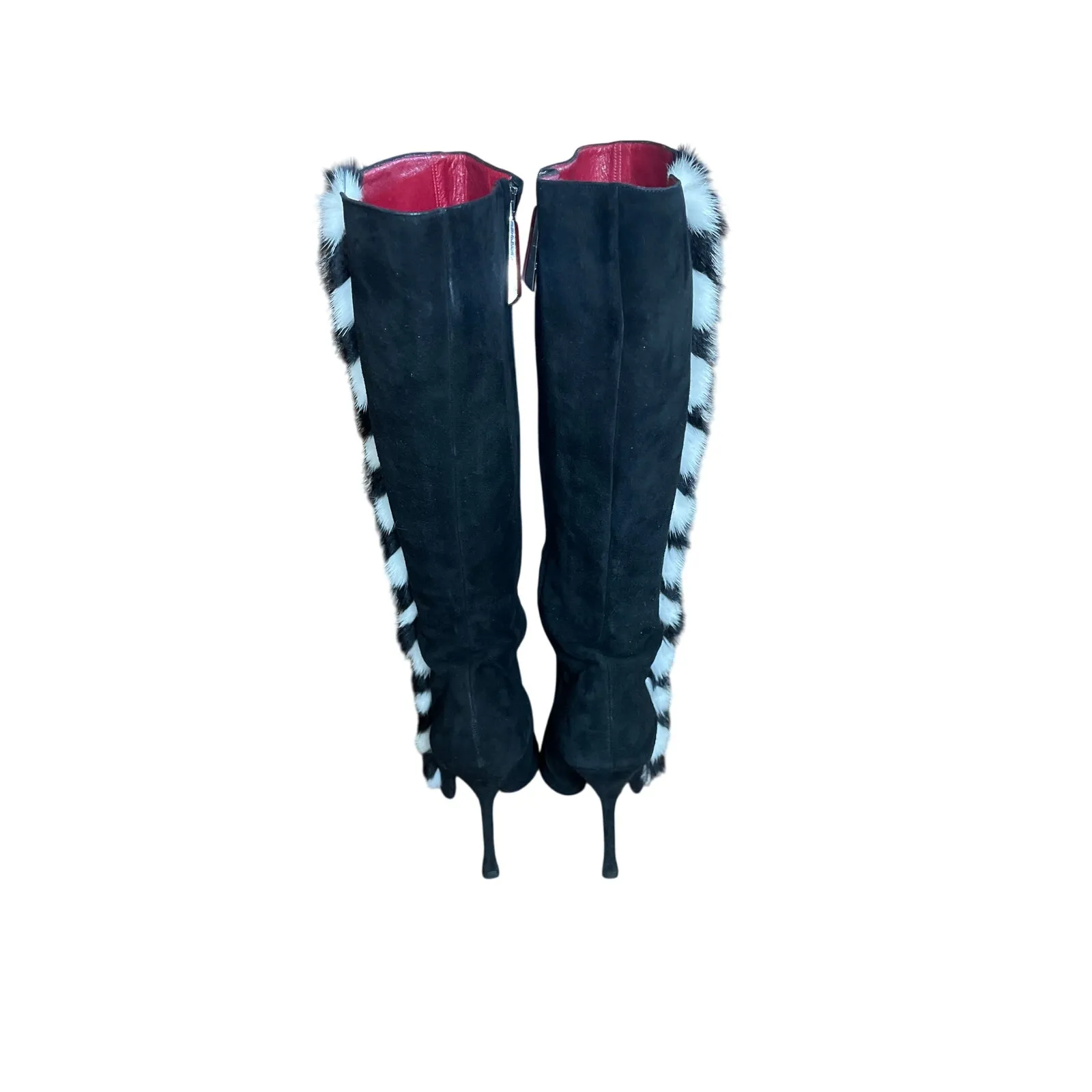 ESCADA Mink Trim Knee High Suede Stiletto Boots Shoes Black White Fur 39.5 9.5 - Image 3