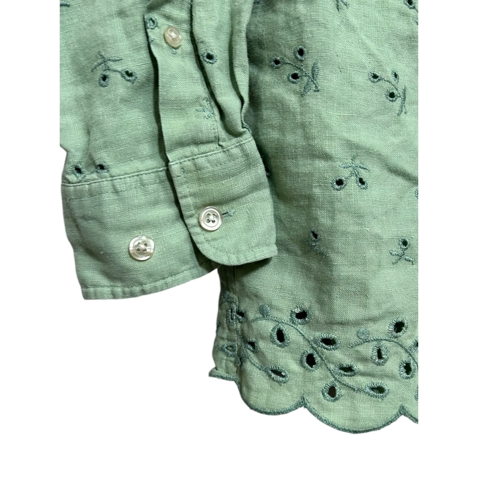 Lauren Ralph Lauren Green Floral Embroidered Linen Long Sleeve Button Up Shirt S - Image 3