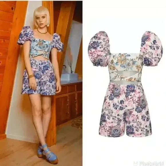 NWOT Autumn Adeigbo Liadan Floral Jacquard Twist Front Romper Jumpsuit XS l US 2 Silver - Image 2