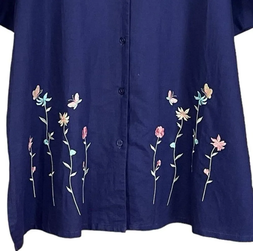 Sport Savvy Short Sleeve Floral Embroidered Camp Shirt Navy Blue Size 1X - Image 3