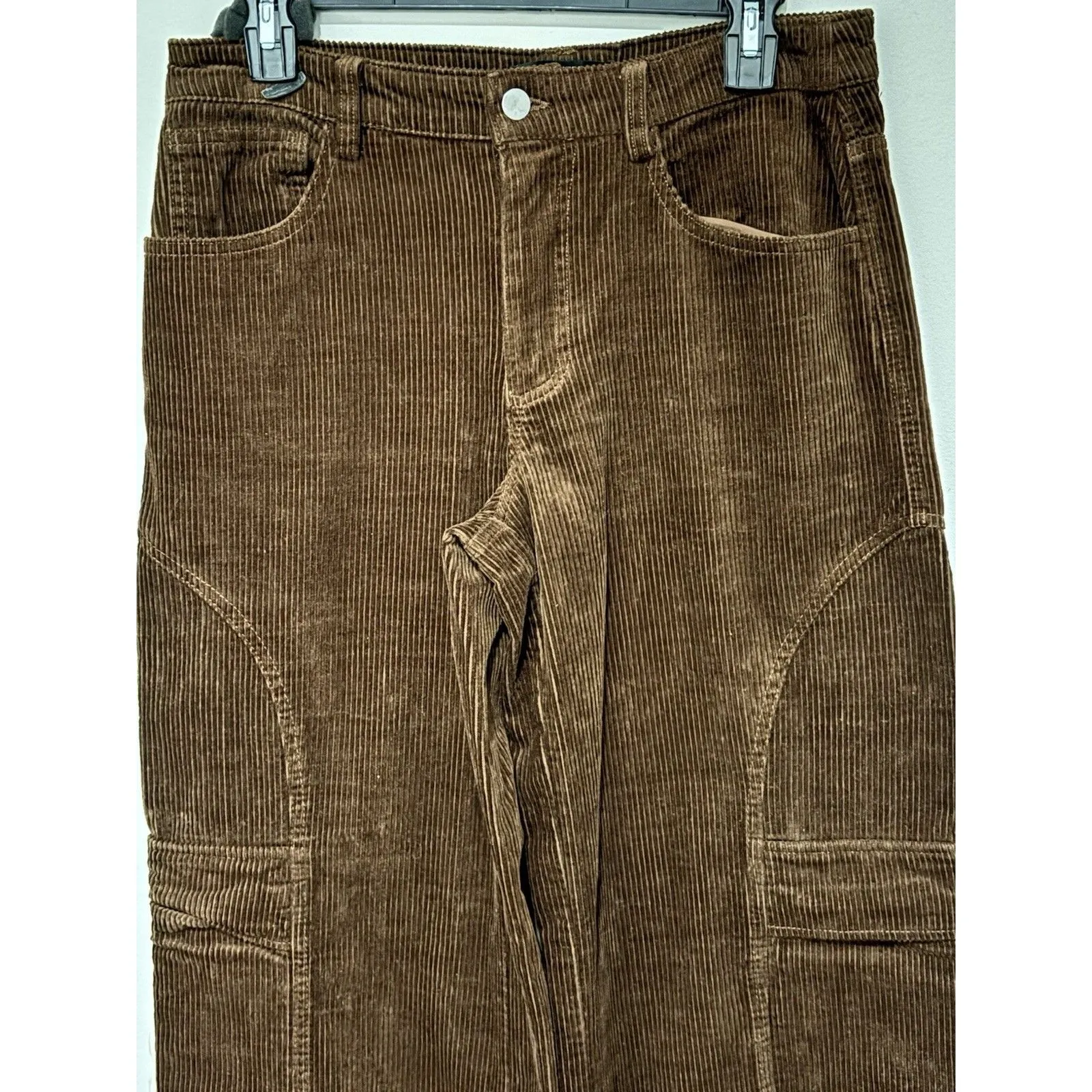Forever 21 Brown Corduroy Long Ribed Pants Mid- Rise Cargo Wide Leg M - Image 10