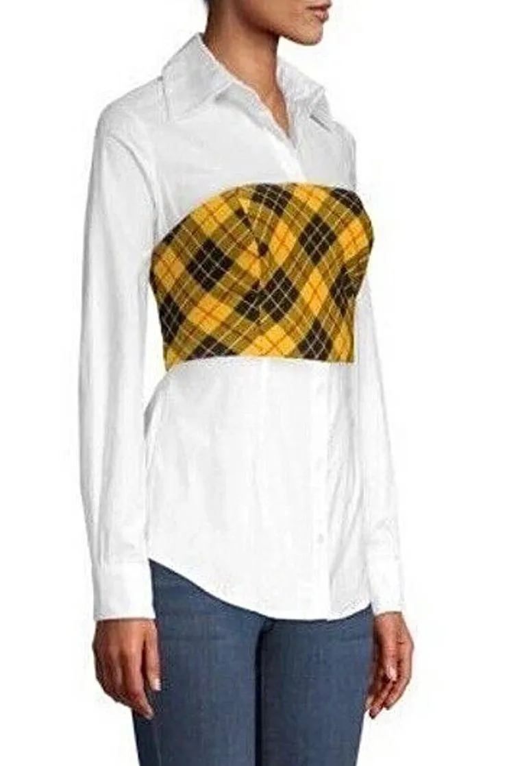 New  Plaid Bodice Overlay Button Down Shirt Monroe Yellow White - Image 3