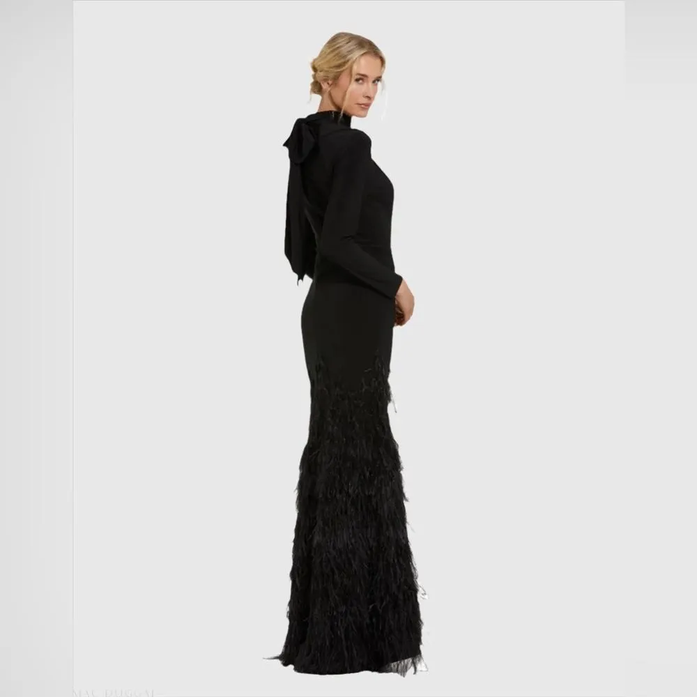 MAC DUGGAL  11839 Black Jersey Long Sleeve High Neck Feather Gown - Image 7