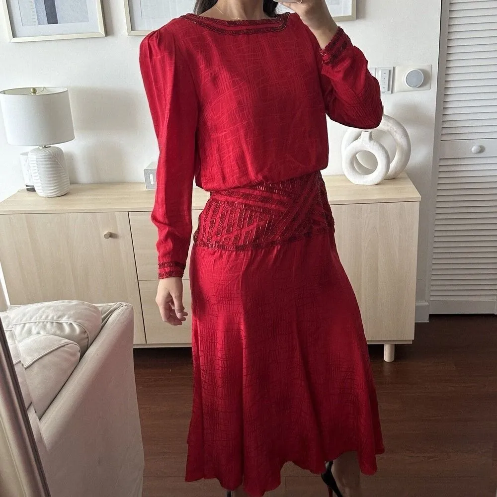 Vintage Silk Dress Womens 10 Dore Beaded Midi Red Cocktail Evening Embellished Red - Image 4