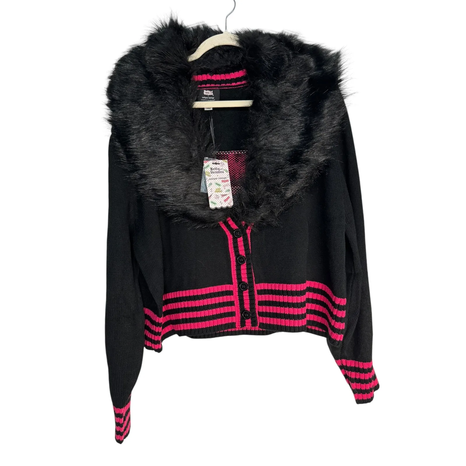 Betty and Veronica x Unique Vintage Black Pink Fuzzy Fur Cardigan Sweater 4X - Image 2