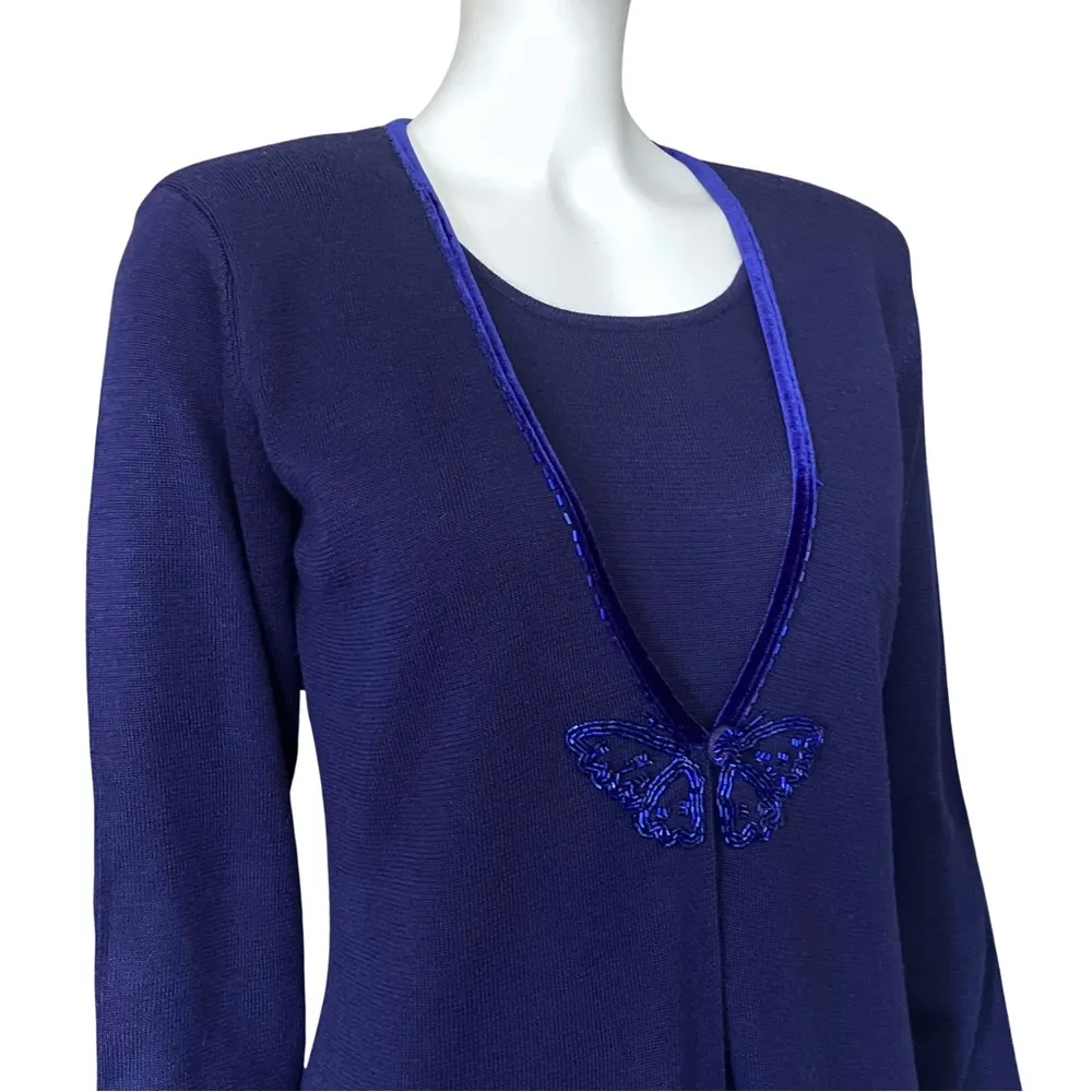 Vintage 80s 90s Blue Butterfly Beaded Sweater Dress Cardigan XS/S Grandmacore - Image 8