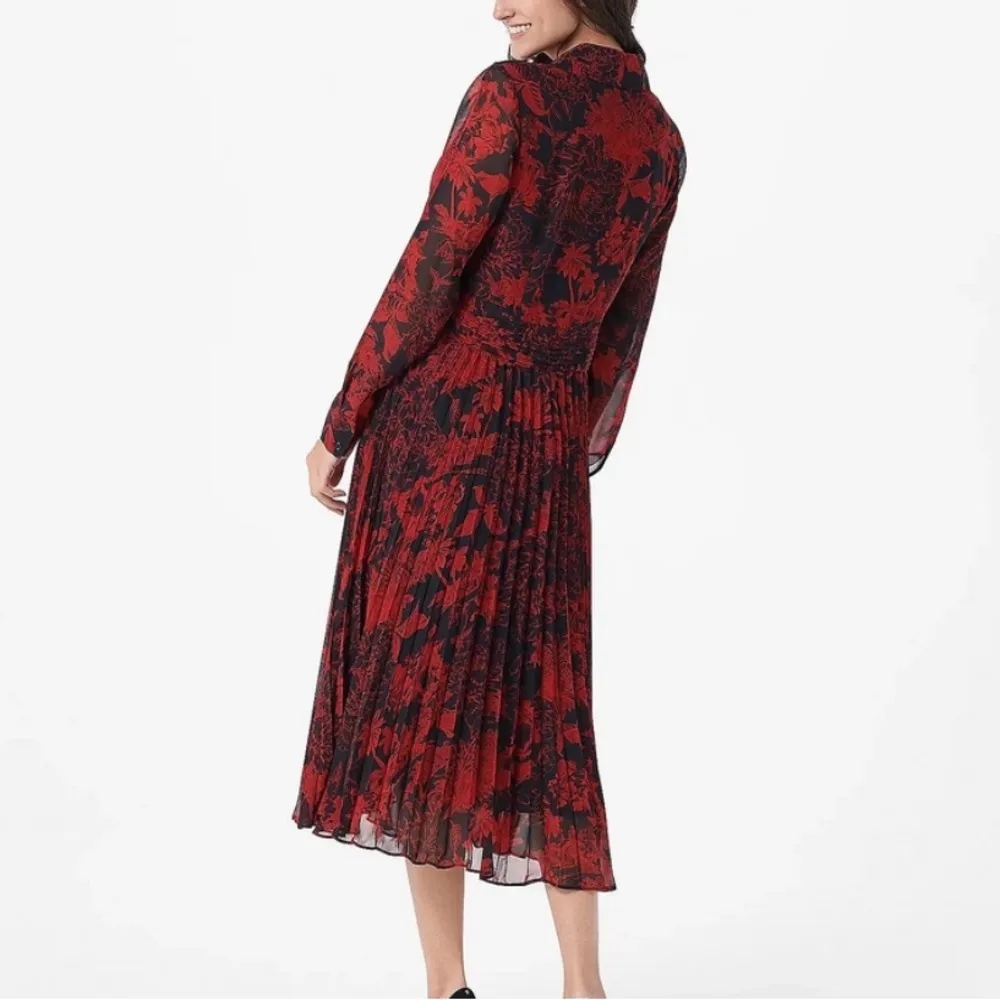 GILI Pleated Midi Dress Woman’s Size 12 Black Red Toile Sheer Sleeves Pintuck - Image 3