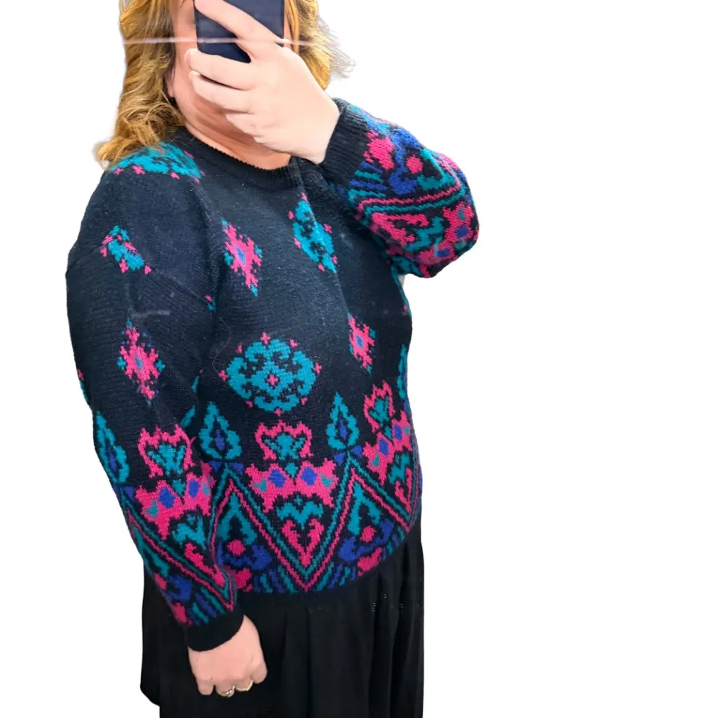 Autograph Vintage 80s Geometric Southwest Sweater Oversized Black Pink Turquoise - Image 8