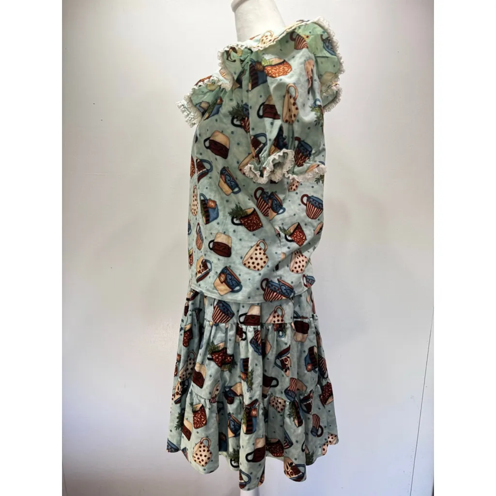 Vintage Handmade Skirt and Shirt Set Whimsical Teacups Polka Dots Ruffles Lace Green Size M - Image 3
