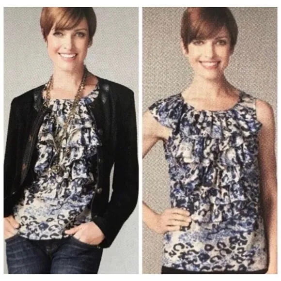 CAbi Sz S Top Blouse Silk Cascading Ruffle Blue Leopard Animal Print Sleeveless - Image 2