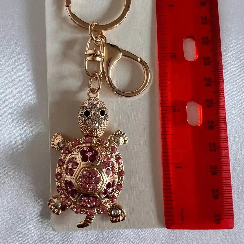 Turtle Bag And Key Chain Charm Pink Crystal Rhinestone Gold Tone Hardware - Image 4