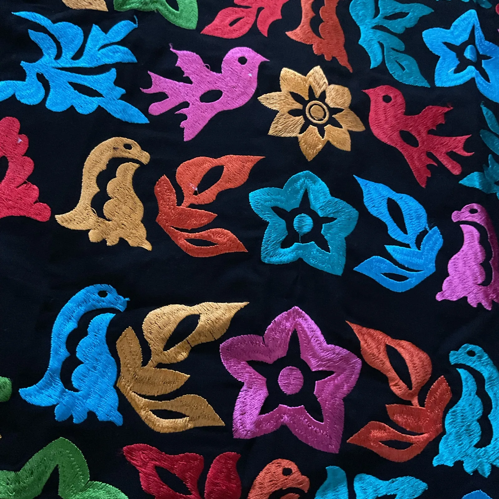 Mexican Embroidered Black Dress Multicolor Birds Floral Artesanal Cotton Folk Yellow Size XL - Image 5