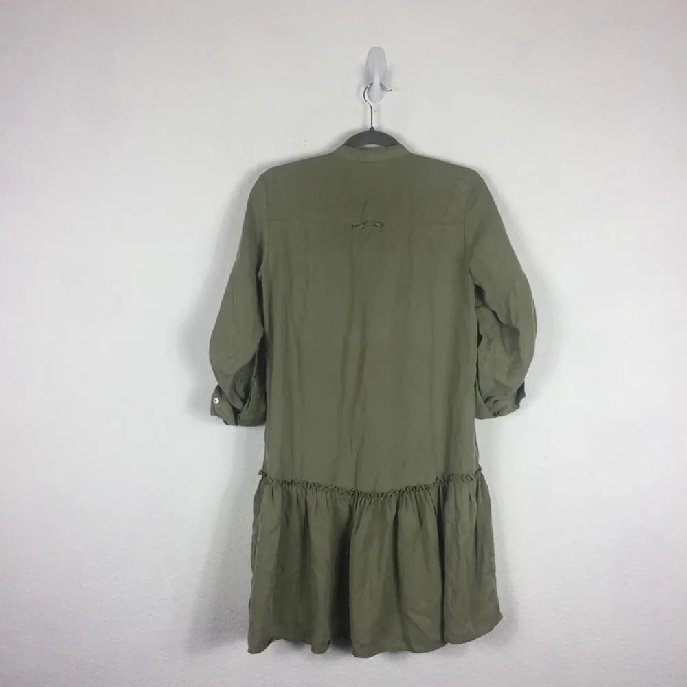 Zara Army Green Babydoll Ruffle Button Oversized Mini Dress XS Lightweight Beach - Image 14