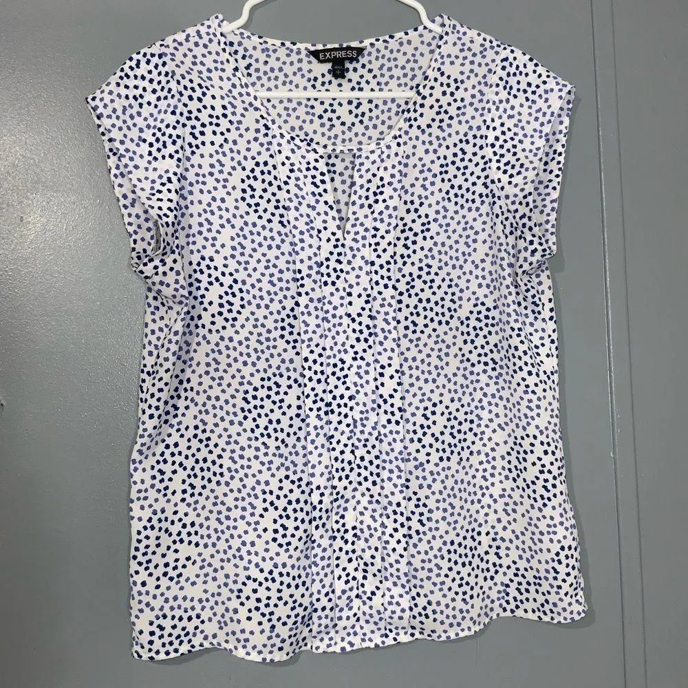 Express Blue~White Polka Dot Cap Sleeve Keyhole Front Business Blouse SP - Image 3