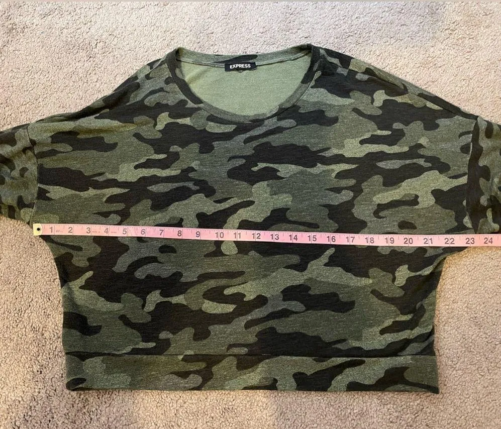 EXPRESS Camo Print Scoop Neck Cropped Long Sleeve Sweater- SEE MEASUREMENTS - Image 7