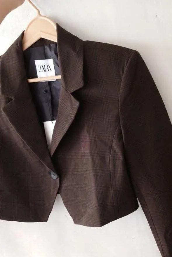 ZARA  Plaid Cropped Blazer Jacket - Image 4
